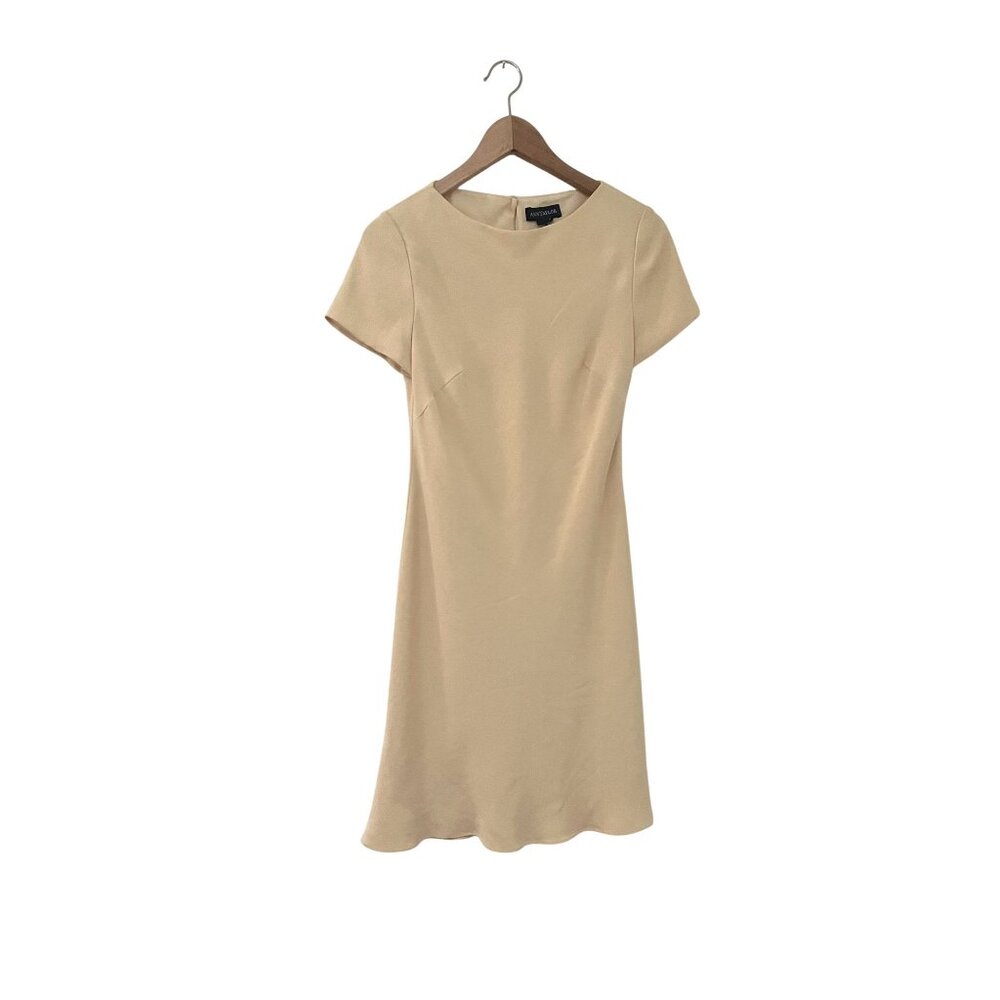 Ann Taylor Women's Classic Silk Minimalist Beige Short Sleeve A-Line Dress 4